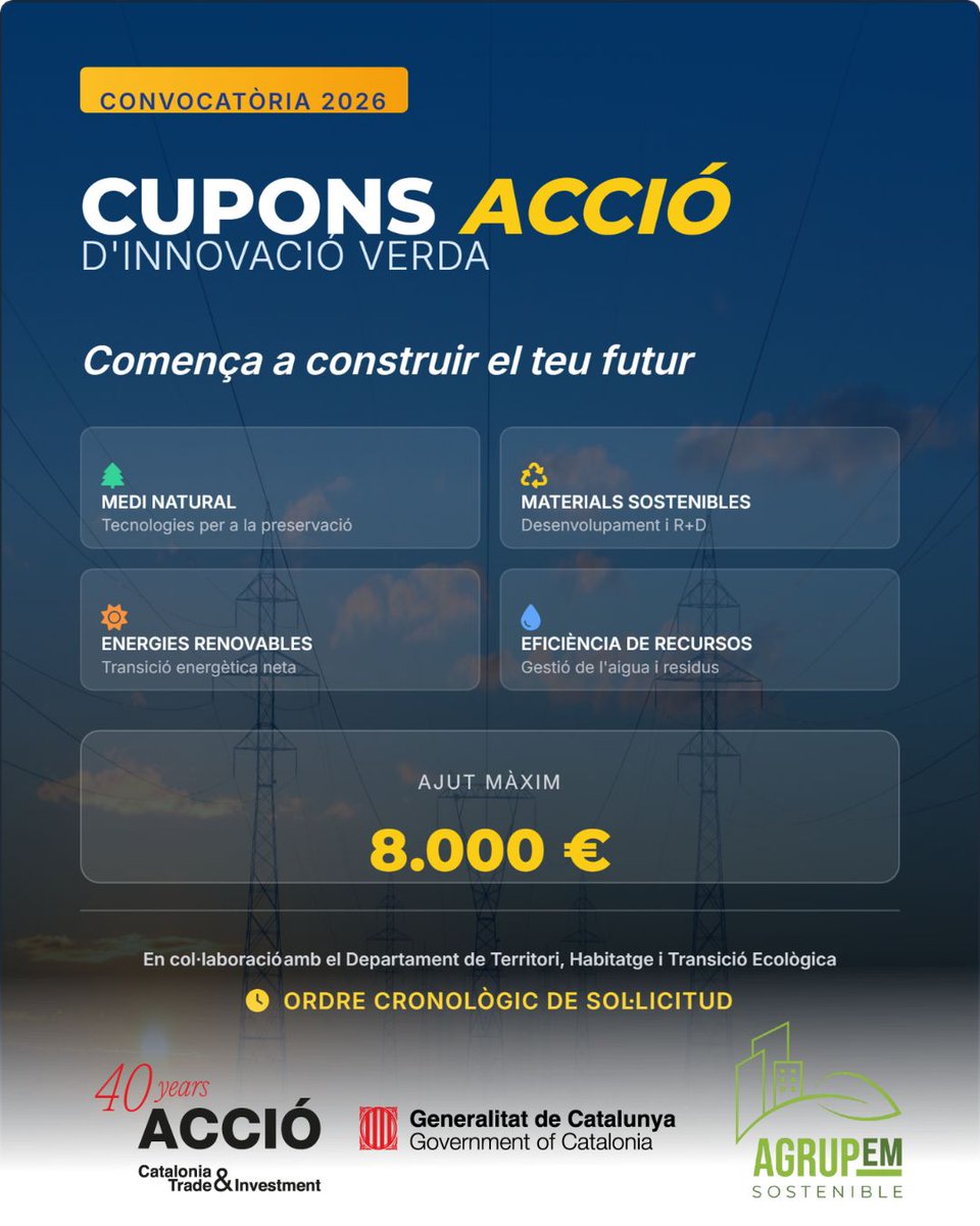 AG_sostenible's tweet photo. 🌱🚀 Cupons ACCIÓ d’Innovació Verda
La descarbonització és molt més que un repte: és una oportunitat per innovar, ser més competitius i avançar cap a un futur més sostenible 🌍♻️ https://t.co/g2PZp78MMk