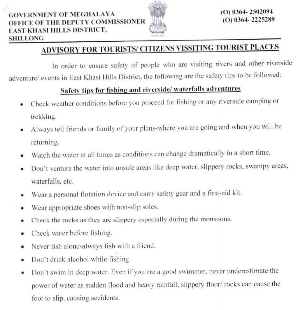 MeghalayaGov's tweet image. #Advisory for #Tourists/#Citizens visiting Tourist places - #Jingbthah ban lait na kino kino ki jingjia ba #Sngewsih na ka bynta ki nongwan jngohkai pyrthei/nong shongshnong ha #EastKhasiHills Distrik @DiprMeghalaya @KurbahRossetta @DC_EKH @meghtourism (meghalaya.gov.in/sites/default/…)