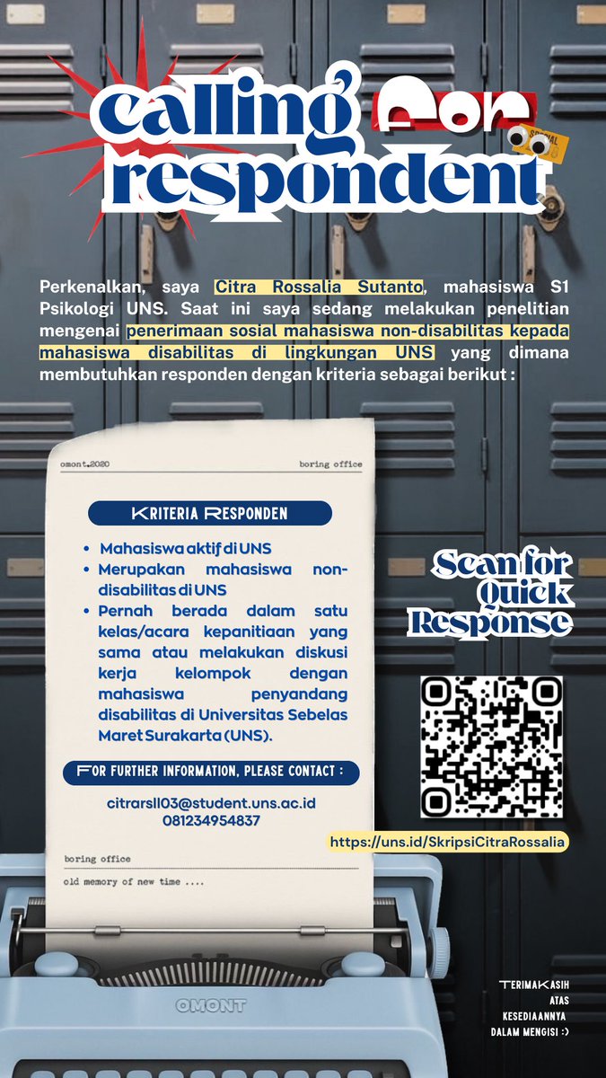 imyourosella's tweet photo. 📢 CALLING FOR RESPONDENT 📢

Kriteria responden: 
1. Mahasiswa non-disabilitas di UNS
2. Pernah berada dalam satu kelas/acara kepanitiaan atau melakukan diskusi kerja kelompok dengan mahasiswa disabilitas di UNS

Link Kuesioner
🔗https://t.co/DbKA4mc6gm

Terimakasih 🙇🏻‍♀️ https://t.co/NWM26MNgr7
