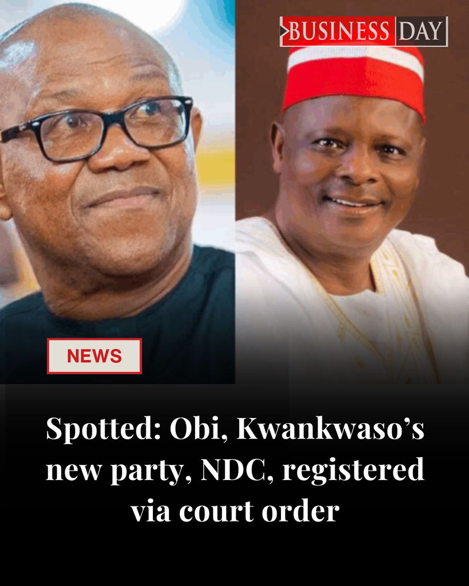 BusinessDayNg's tweet photo. The Nigeria Democratic Congress (NDC), the new political platform adopted by ex-governors Peter Obi and Rabiu Kwankwaso, was registered by the Independent National Electoral Commission (INEC) following a court order, checks have shown.

A review of INEC’s website indicates that the party’s national executives are listed with “court order” annotations attached to their names, suggesting judicial intervention in its recognition process...

Read more: https://t.co/BFHaCQ8K4n