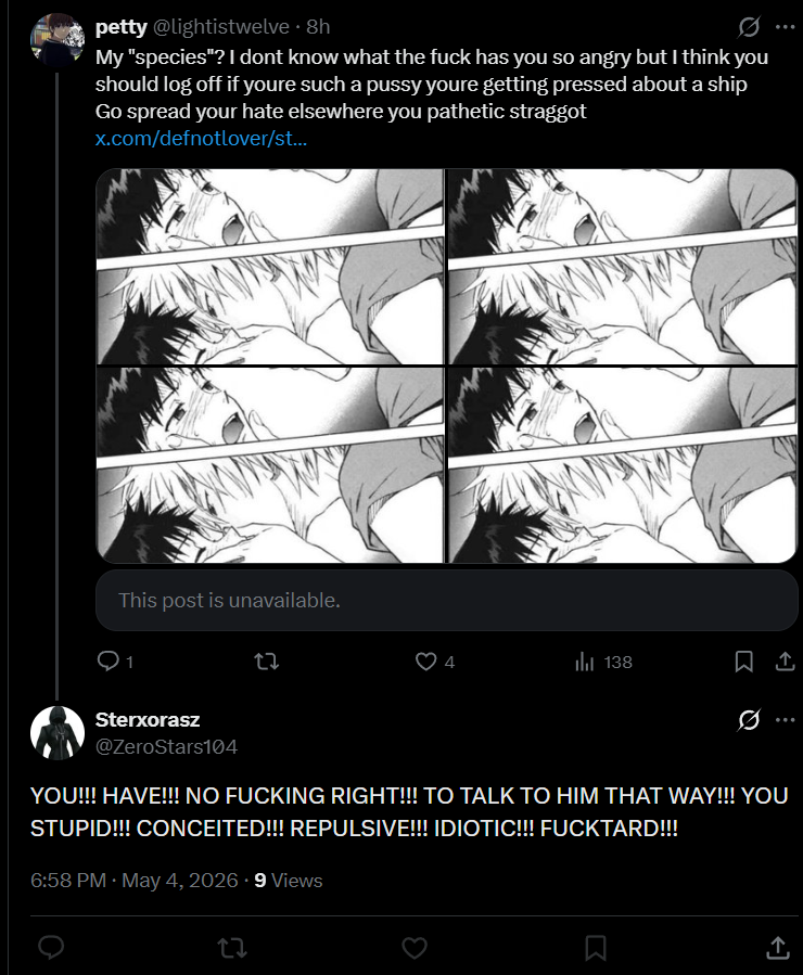 lightistwelve's tweet image. bro unblocked to say this just to reblock #obsessed
get a life you fucking chud and accept that nobody, man or woman, will ever love you and your unwashed dick
you are an unintelligent subhuman who I bet is barely even sentient. U and ur right hand can stay mad, straggot