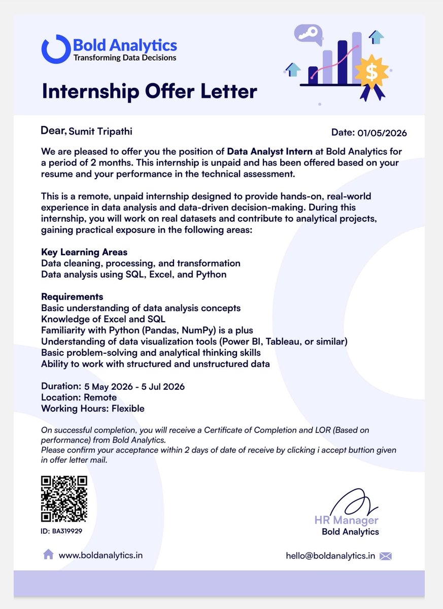 IgSumit2's tweet image. Excited to share that I’ve been selected as a Data Analyst Intern at Bold Analytics.
Looking forward to gaining hands-on experience in data analysis and working on real-world projects.
#DataAnalytics #Internship #CareerGrowth
#Python #100DaysOfDSA #SQL