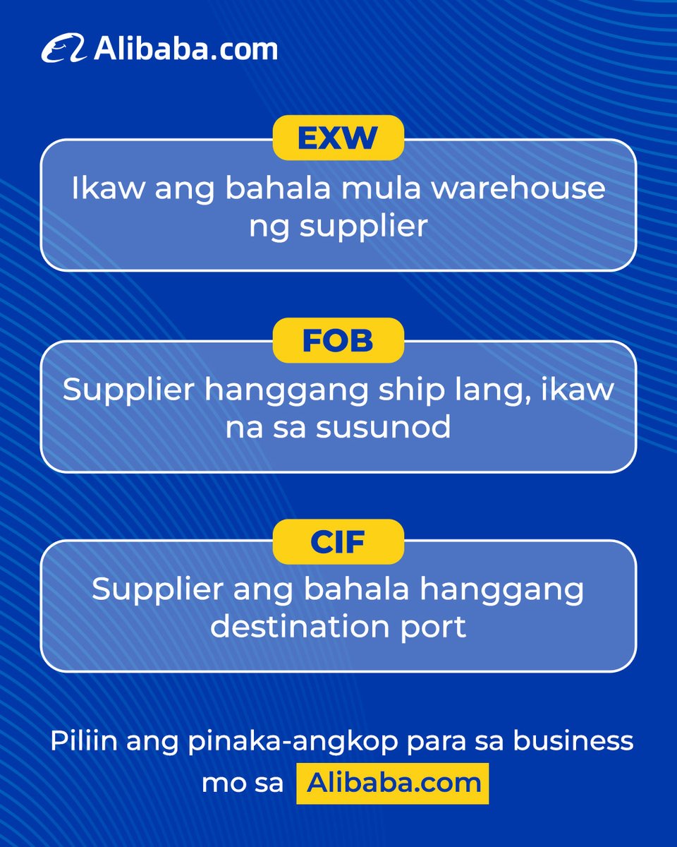 AlibabaSEA_'s tweet image. Mas nagiging malinaw ang sourcing kapag naiintindihan mo ang terms
EXW, FOB, at CIF, bawat isa may kanya-kanyang role

Piliin ang pinaka-angkop para sa business mo sa Alibaba.com

#Alibaba #AlibabaCom #ImportGuide #Negosyo