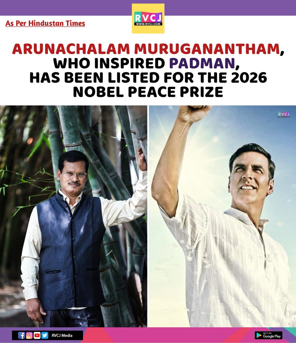 rvcjmovies's tweet image. ‘PadMan’ Hero Arunachalam Muruganantham Listed for Nobel Peace Prize 2026

#padman #arunachalammuruganantham #nobelprize #bollywood #bollywoodmovies