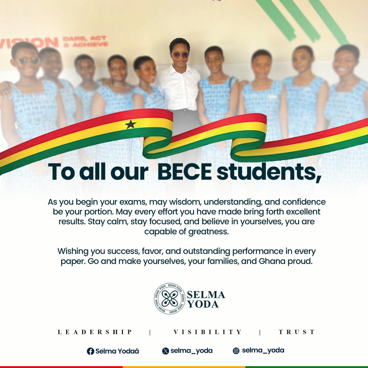 selma_yoda's tweet photo. Today, thousands of our brothers and sisters step into the examination hall for their BECE, and I want every single one of them to know they are prepared, capable, and being cheered on! 

They should keep calm and trust the process they started months ago. This is their moment to deliver and not to doubt! I believe in them! 

All the best to the future leaders of our great country. 

#YODA