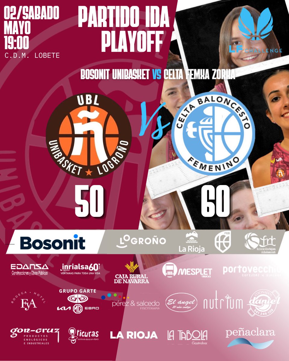 Unibasketcd's tweet photo. Partido ida Playoff: Bosonit Unibasket 50 – Celta Femsa Zorka 60
Lobete vivió el sábado un ambiente de los que marcan época: grada repleta, cantera arropando con orgullo, patrocinadores volcados y la presencia institucional del Gobierno de La Rioja y del alcalde de Logroño. https://t.co/6aixpPzmNK