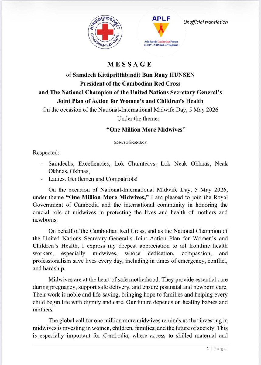 Cambodian_RC's tweet image. Mme PUM Chantinie, Secretary General of #CRC shared a message of Samdech President of #CRC for National-International Midwife Day celebration “One Million More Mid-wives” with over 1,200 participants in person and online. (04.05.2026)
facebook.com/crcnhq/posts/p…