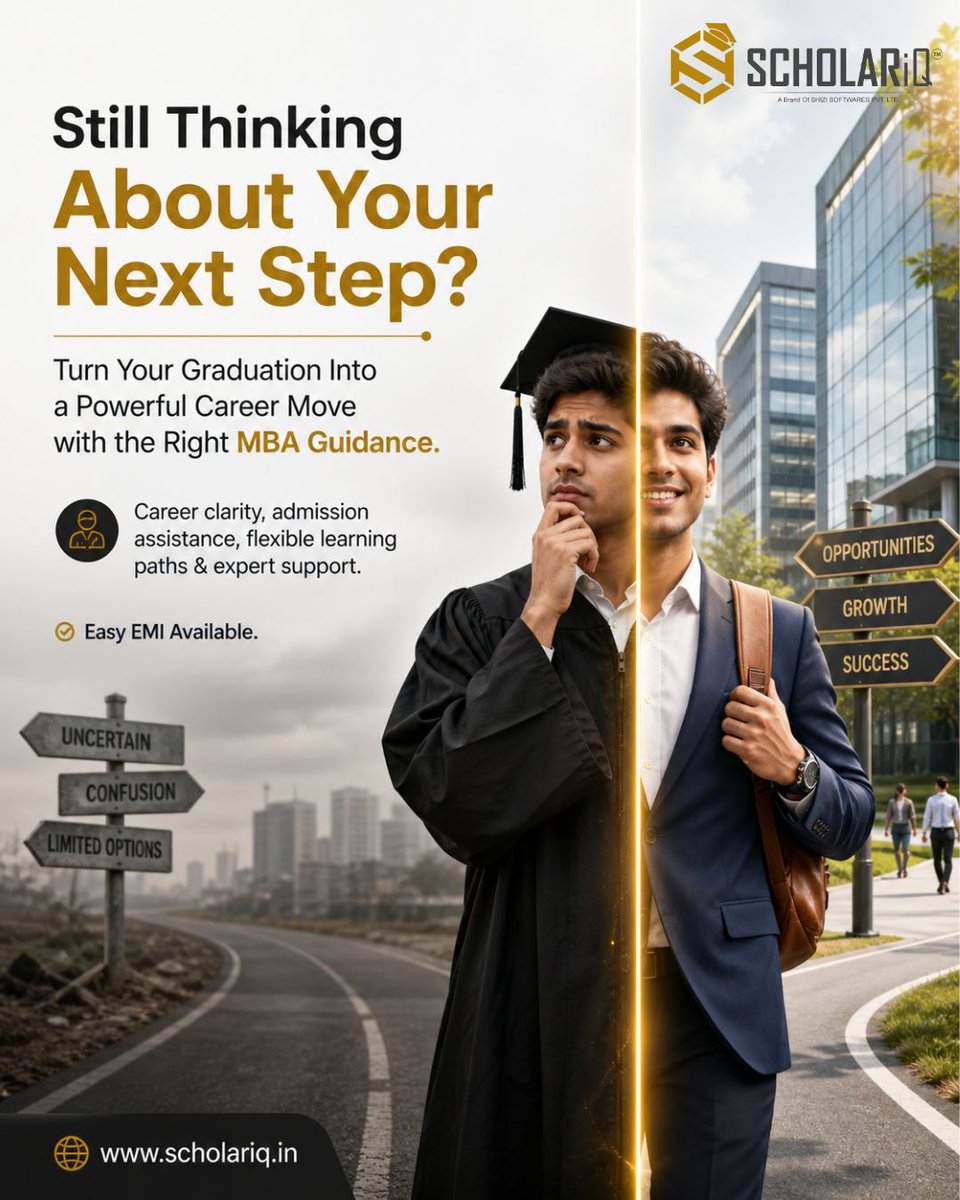 SCHOLARiQ_in's tweet image. Confused after graduation? Your MBA can unlock real career growth—with the right guidance. Get clarity, admission support &amp;amp; flexible learning options. 

Start your journey today. Easy EMI Available. scholariq.in 

#MBA #CareerGrowth #FutureReady #SCHOLARiQ