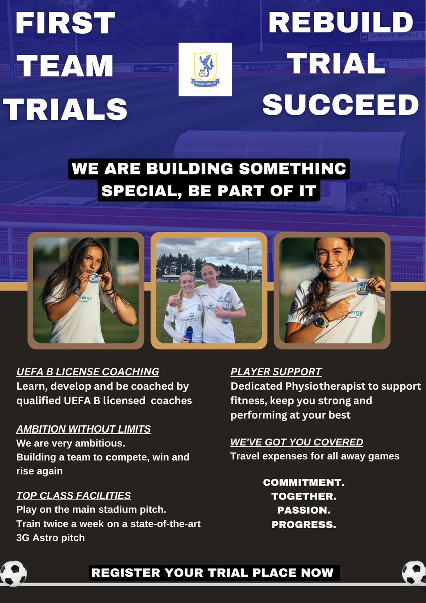 🔈FIRST TEAM TRIALS - Secure Your Place for Next Season! 🔵⚪️

We are rebuilding our first team &amp; aiming high.
This is your chance to be part of the journey!

📅Sunday 24th May 
🕰️1pm-3pm
📍4G pitch, EN1 3PL

Complete the form to secure your spot: 
forms.gle/Bvq9uAd6yLiZsV…
⬇️