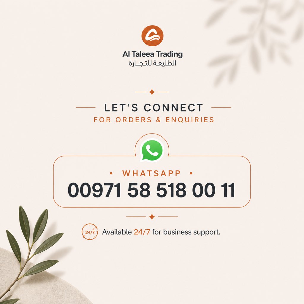 AlTaleeaTrading's tweet photo. Need supplies? We’re just a message away.

For orders, enquiries, and business support, our team is available 24/7 to assist you with prompt and reliable service.

📲 WhatsApp: +971 58 518 00 11

Fast response. Reliable service. Always connected. https://t.co/RhXmbwaASX