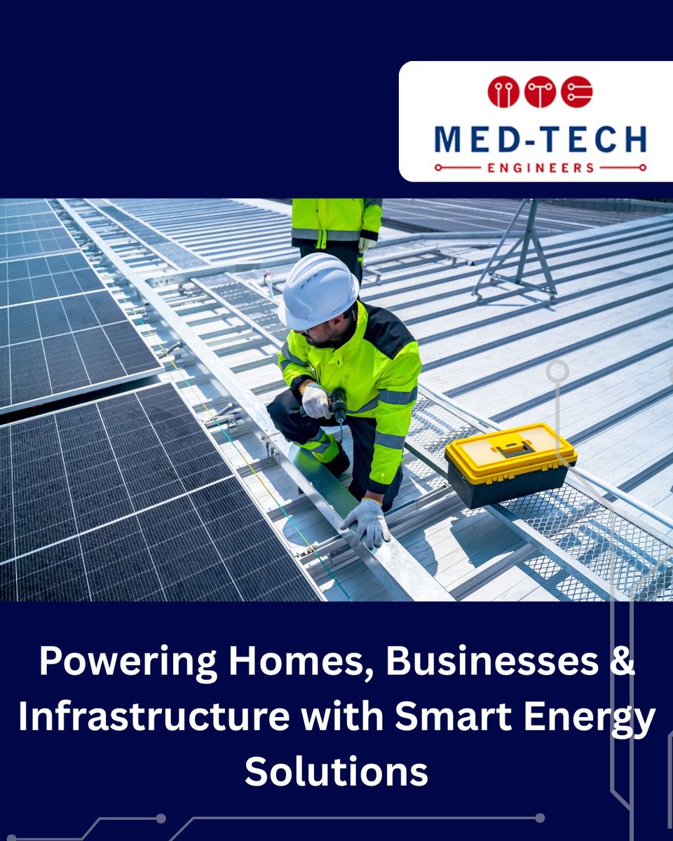 MedTechEngZA's tweet photo. Powering homes, businesses &amp; infrastructure with smart energy solutions.

At Med-TechEngineers we deliver:
• PV &amp; BESS design &amp; installation
• End-to-end project delivery
• Full compliance &amp; safety standards
• Ongoing engineering support

🌐 https://t.co/vvUdJrtjfs

#SolarPV https://t.co/tbaxyySw6z