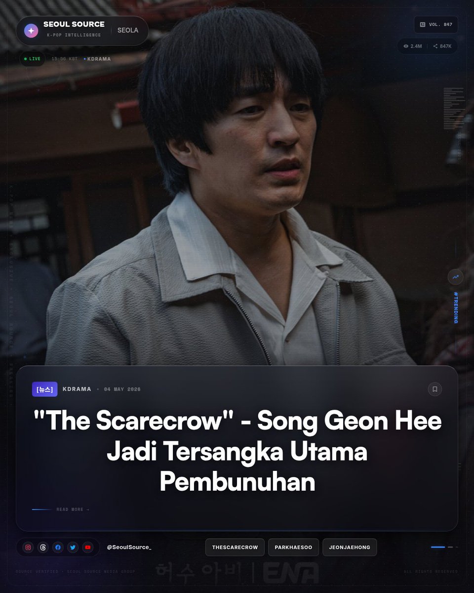 kpopdankdramaid's tweet image. "The Scarecrow" - Semua petunjuk mengarah ke Lee Ki Beom (Song Geon Hee) sebagai pembunuh berantai. Episode 5 tayang malam ini 22.00 KST. Bener dia atau jebakan? #TheScarecrow #Kdrama

 Read More: threads.com/@seoulsource_
-Seola