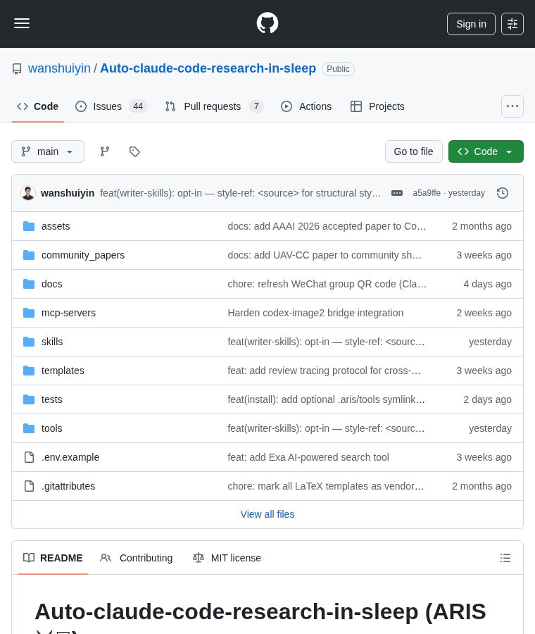 chenzeling4's tweet image. ARIS: Markdown-only skills for autonomous ML research. Cross-model review loops, idea discovery, experiment automation. No framework. Claude Code, Codex, OpenClaw, any agent. 62 skills + Research Wiki. By wanshuiyin. Python.

8,001 stars
#MLResearch #AI