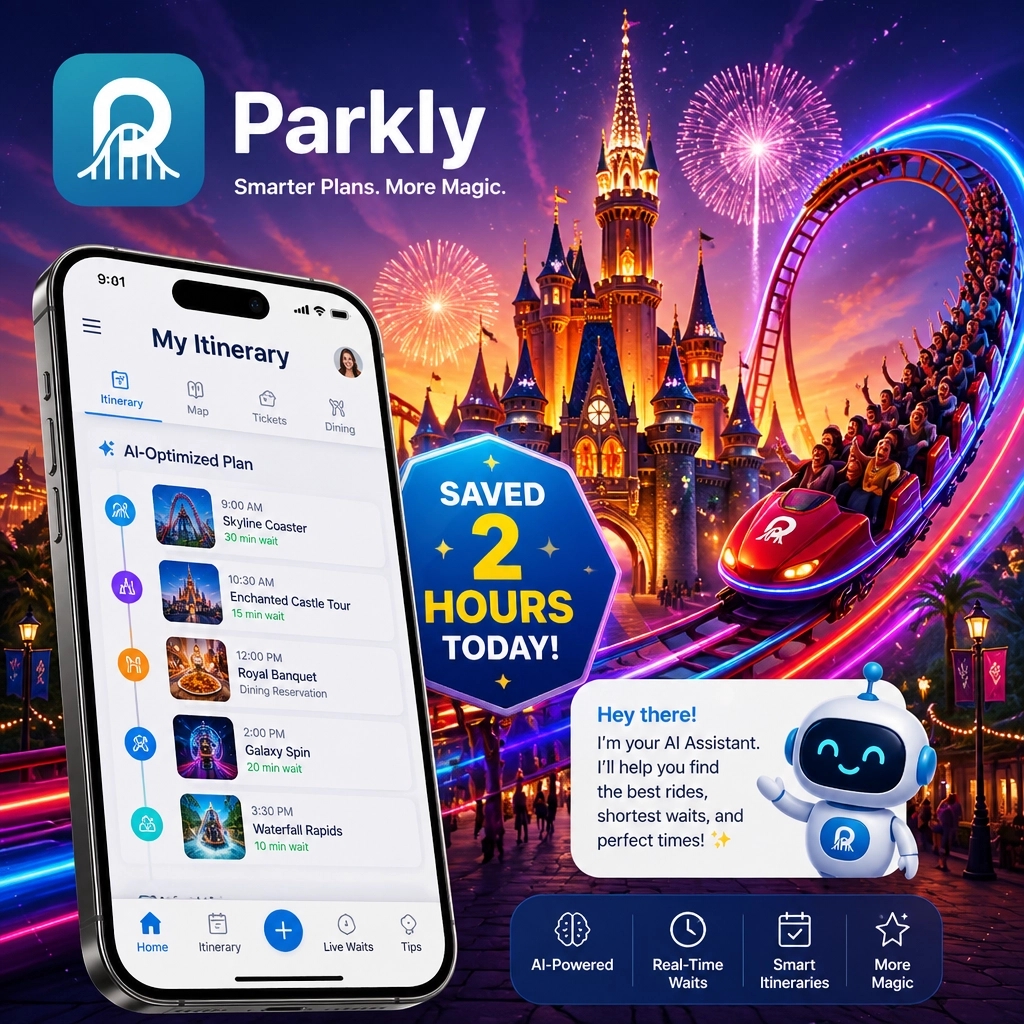 parklyapp2025's tweet image. Reclaim your holiday! 🎢 Stop wasting hours in line and save 1-3 hours every day with Parkly’s AI Travel Copilot. 🪄 Skip the planning headache and jump straight to the magic. Less waiting, more riding! ✨

#Parkly #ThemePark #TravelAI #SmartPlanning