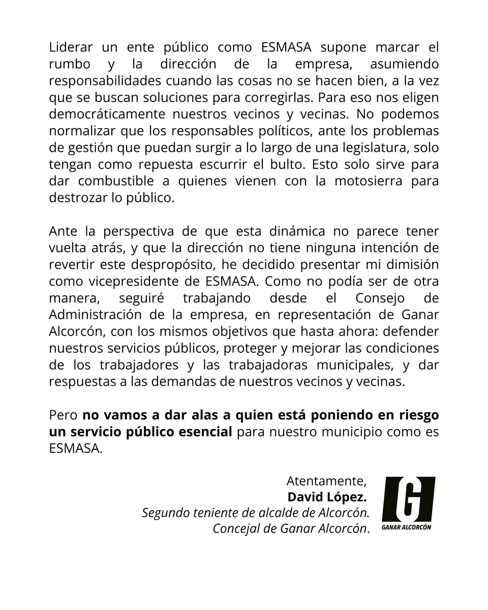 DavidLopezAlc's tweet photo. He tomado la siguiente decisión junto a mis compañeros y compañeras de Ganar Alcorcón ante los últimos acontecimientos que se están desarrollando en ESMASA. https://t.co/lzE5izIwVJ