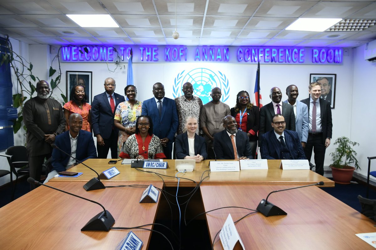 UN_Liberia's tweet photo. Pleased to welcome the Chair of the Peacebuilding Commission’s Liberia Configuration, H.E. Nicola Clase, and delegation to One UN House today.

Engaged with the UN Country Team on sustaining peacebuilding gains and advancing regional stability in 🇱🇷. https://t.co/VptvTALEH0