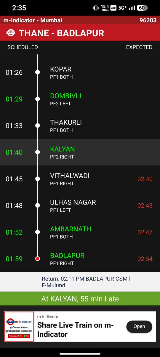 Exxo748089's tweet image. @RailwaySeva @Central_Railway
@drmmumbaicr 
@Central_Railway The Thane–Badlapur local is currently running approximately 55 minutes late. Request you to kindly look into the delay and improve service reliability and real-time updates for commuters. #MumbaiLocal