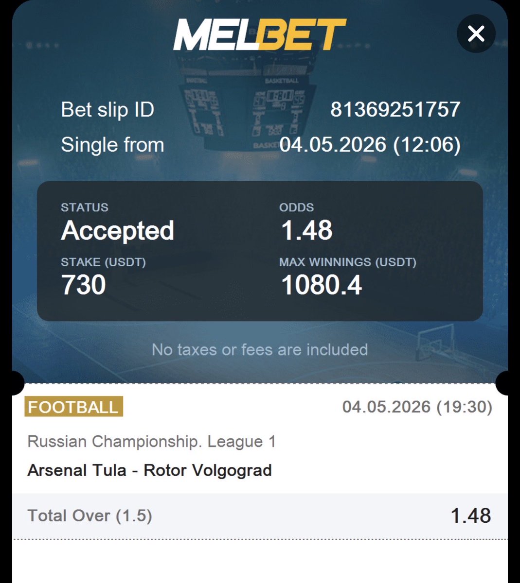 TipsToOds's tweet image. #Arsenal Tula     🆚 #Rotor Volgograd  

➡️ Pick: Total Over 1.5

💰 Potential Win: 1080 usd        

✅ #Melbet: ➡️ 
✅ Bet Code: ➡️ 6281P
✅ PROMO CODE: ➡️  xfree 

(Register with this promo code and receive a 200% bonus on your first deposit!)

#livebet #1xbet