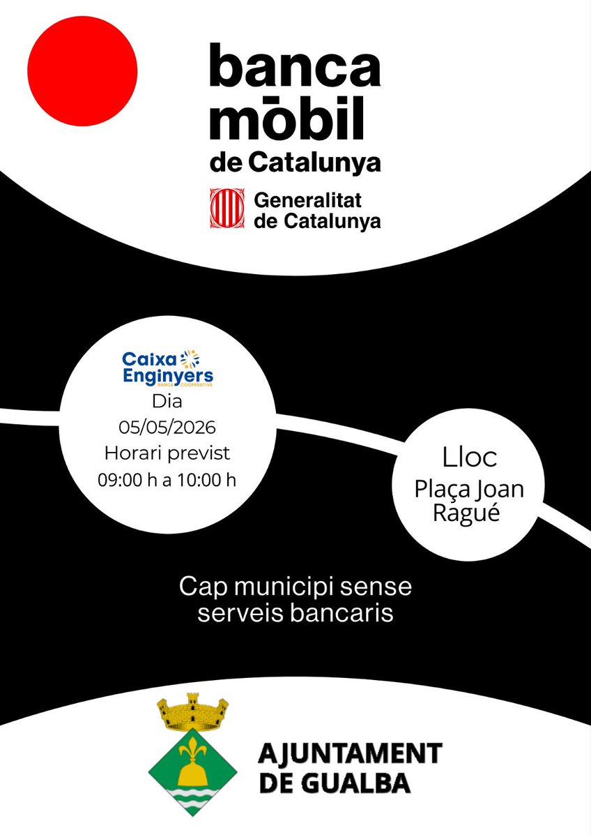 gualbainfo's tweet photo. Recordeu que dimarts dia, 05/05/2026, de 09:00 h a 10:00 h, la banca mòbil de Caixa d'Enginyers visita #Guaba https://t.co/uZbRKaJt4l