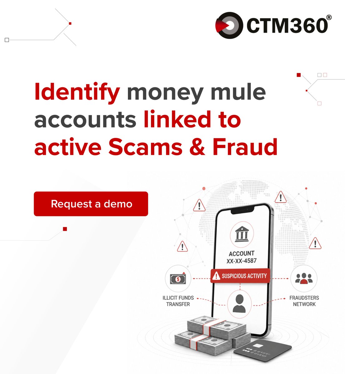 teamCTM360's tweet photo. Identify money mule accounts linked to active scams &amp; fraud  before they enter the fraud payout chain.
CTM360’s CyberBlindspot platform strengthens fraud and AML defenses with confirmed intelligence built from active scam investigations.
Request a demo: https://t.co/iufh00bohB https://t.co/IcQuoXigYz