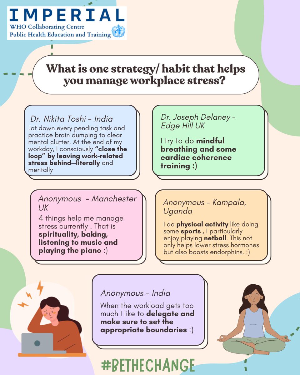 ImperialCCentre's tweet image. April: #Stress Awareness Month #BeTheChange

1:4 workers feel unable to cope with stress + 91% of employees experienced workplace pressure.
We invited our collaborators to share strategies in which they manage work-related stress.
Post by: Alex Odametey, #MPH #WHOCC Intern
