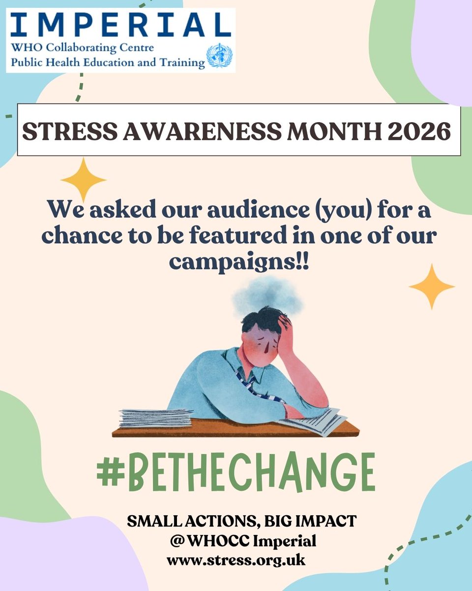 ImperialCCentre's tweet image. April: #Stress Awareness Month #BeTheChange

1:4 workers feel unable to cope with stress + 91% of employees experienced workplace pressure.
We invited our collaborators to share strategies in which they manage work-related stress.
Post by: Alex Odametey, #MPH #WHOCC Intern