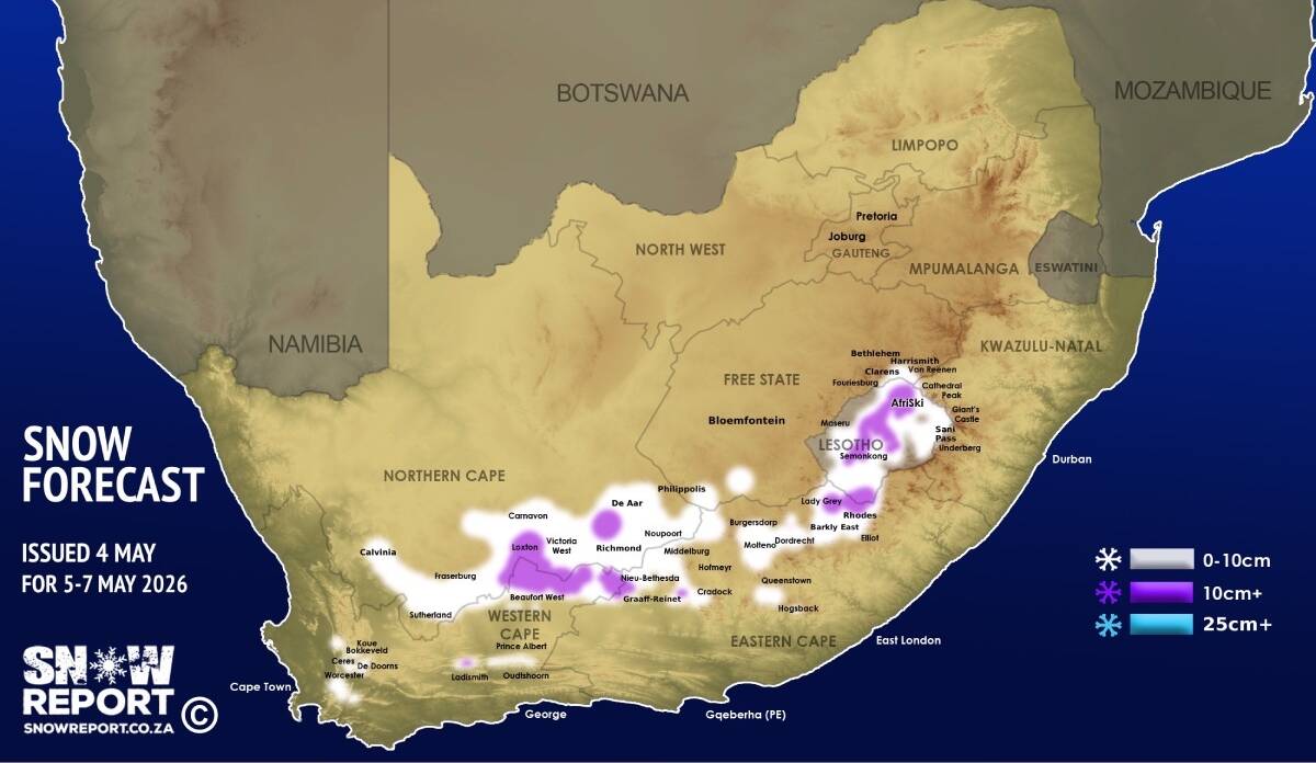 SnowReportSA's tweet image. ❄ SNOW UPDATE: Widespread snow expected for South Africa and Lesotho this week as cut-off low also brings disruptive rainfall with over 200mm expected in some areas - more details at snowreport.co.za #snowreportsa #africansnow #weather