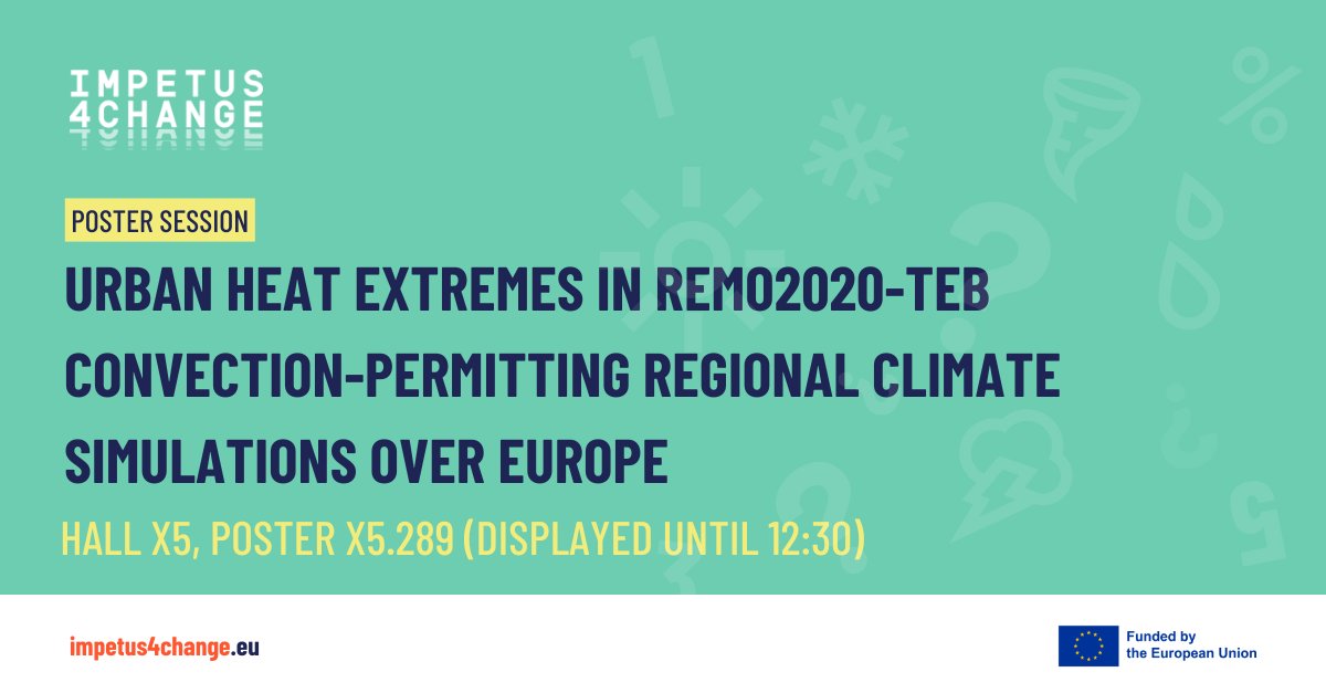 I4C_eu's tweet image. 🔊 #I4C is at #EGU26! 

Join our #poster session: Urban heat extremes in REMO2020-TEB convection-permitting regional climate simulations over #Europe

🗓Thursday, 07 May
🕣08:30–10:15 (CEST)
📌 Hall X5, poster X5.289

Visit our website to discover more 👉 impetus4change.eu/newsi4c/egu-20…