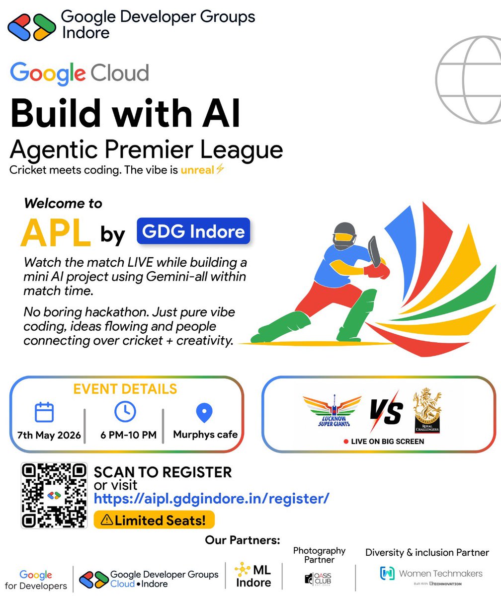 GDG_Indore's tweet photo. WE’RE BACK 🔥🏏🤖
7th May @ Murphys Cafe ✨ LSG 🆚 RCB + Gemini = Vibe Coding ⚡
Join us 👀 #BuildWithAI #APL #GDGIndore @tpal94 https://t.co/19EALLScru