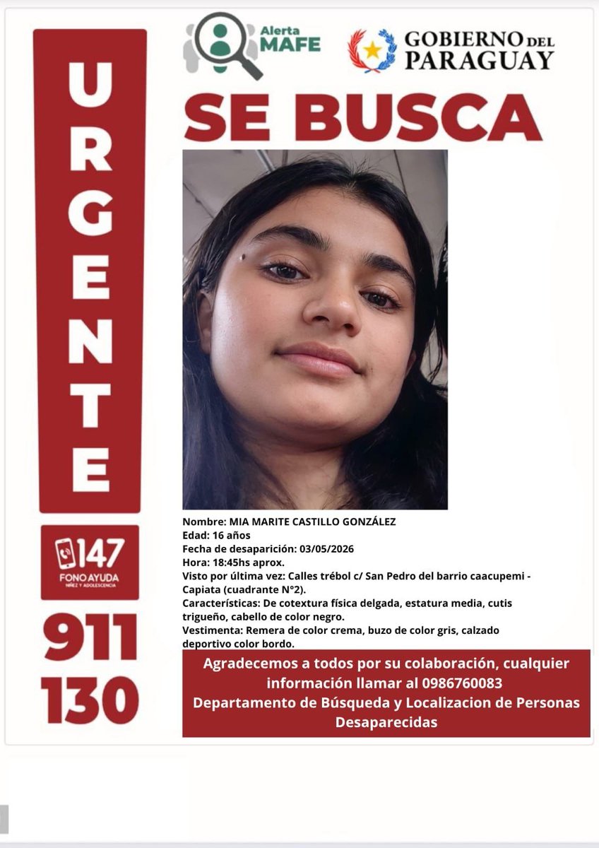 Ante cualquier información, contactar con el Departamento Especializado en Búsqueda y Localización de Personas Desaparecidas al 130 o al 911 de la Policía Nacional del Paraguay.

<a href="/MDI_Paraguay/">Ministerio del Interior - Paraguay</a> 
facebook.com/share/p/1B964h…