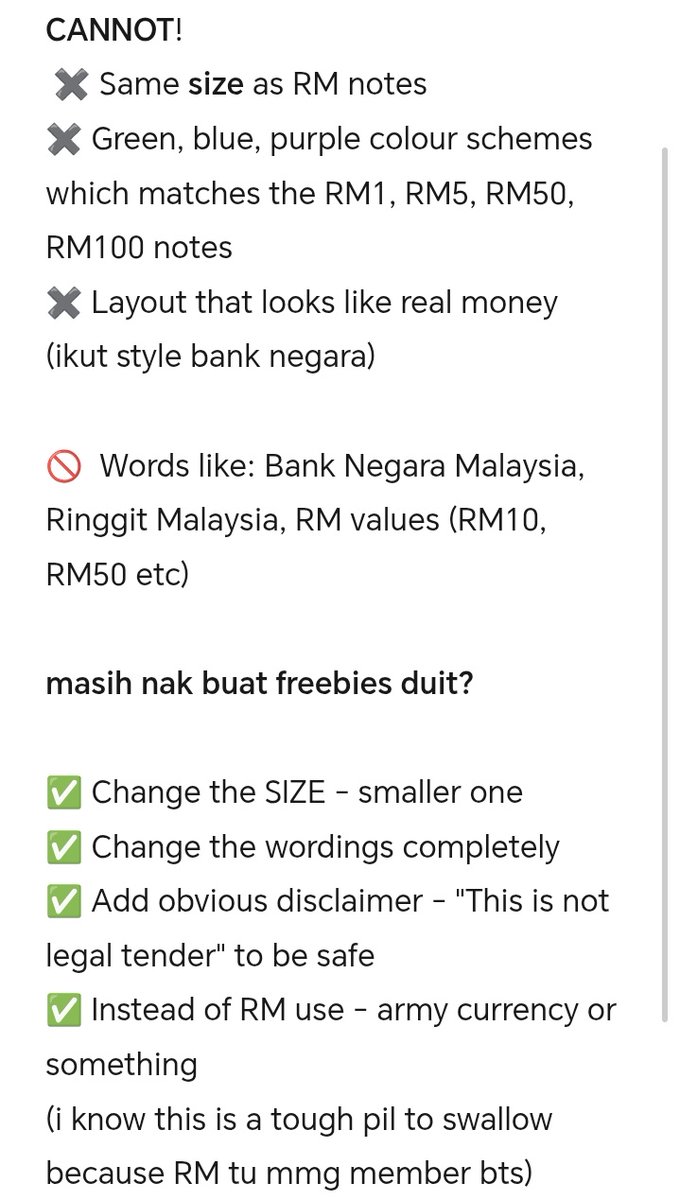 hi guys! since someone dah mention pasal ni, i nak bagitau a few important things.
under the Penal Code Malaysia (489A–489E); It's ILLEGAL to make, print, or distribute anything that resembles real banknotes. Hope this helps sellers &amp; armys. 
Read  👇🏻💗  #BTSinKL