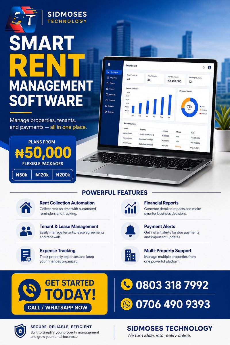 sidmosestech's tweet photo. 🚀 Grow your business smarter with our powerful software solutions!

🏫 School Management
🏠 Rent Management
💰 Thrift &amp; Loan System

✔ Easy to use
✔ Secure &amp; reliable
✔ Built for real results

📲 Call/WhatsApp:
0803 318 7992 | 0706 490 9393

Sidmoses Technology — @sidmoses73 https://t.co/ts2xRMiPur