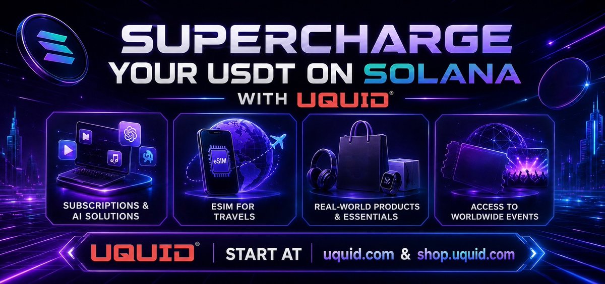 uquidcard's tweet photo. In Q1, 80% of USDT on @solana users return to Uquid to power their daily lives. 

Why? Because it’s not just crypto… it’s usable.

📱 Travel eSIMs
🤖 AI Tool Subscriptions
🛍️ Physical Goods
🎟️ Global Events
...and MORE!

The Solana ecosystem is built for speed. Uquid is built for spending.

Join the wave: https://t.co/3Yp9rIXdIm & https://t.co/CZvogpSHug