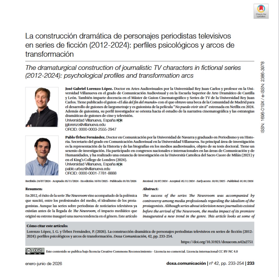 doxacom's tweet image. La construcción dramática de personajes periodistas televisivos en series de ficción (2012-2024): perfiles psicológicos y arcos de transformación

J. Gabriel Lorenzo López, P. Úrbez Fernández

doi.org/10.31921/doxac…

#Periodismo #televisión #presentador #productor #seriedeTV