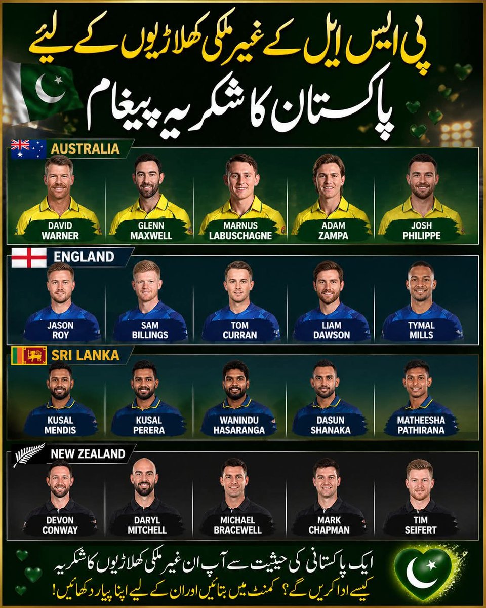 JamshedGulButt's tweet photo. غیر ملکی کھلاڑیوں کے لیے پاکستان کا شکریہ کا پیغام
یہ کھلاڑی  آئے تو صرف مہمان بن کر، بلکہ انہوں نے پاکستان کی محبت، عزت اور مہمان نوازی کو دل سے محسوس کی۔ ہم سب مل کر ان تمام غیر ملکی کھلاڑیوں کا شکریہ ادا کرتے ہیں جنہوں نے PSL میں حصہ لیا اور ہمارے ملک میں یادگار لمحات دیے۔ https://t.co/BIyKsLhAZB