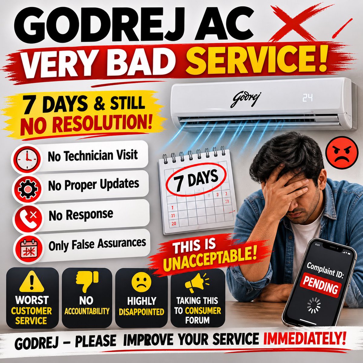 kumar_sonu63018's tweet image. @GodrejAppliance I received SMS that engineer (AANAND BHARTI) will attend my service request (No. 79319975) on 28 April, but no one visited till now.
It has been 7+ days and still no resolution. False commitments and no accountability.
#Godrej #PoorService #CustomerComplaint