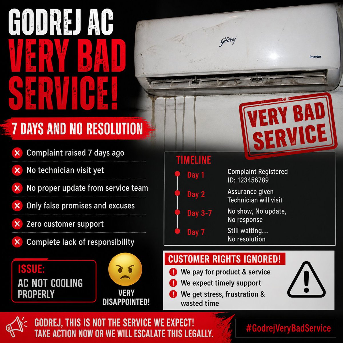 kumar_sonu63018's tweet image. @GodrejAppliance I received SMS that engineer (AANAND BHARTI) will attend my service request (No. 79319975) on 28 April, but no one visited till now.
It has been 7+ days and still no resolution. False commitments and no accountability.
#Godrej #PoorService #CustomerComplaint