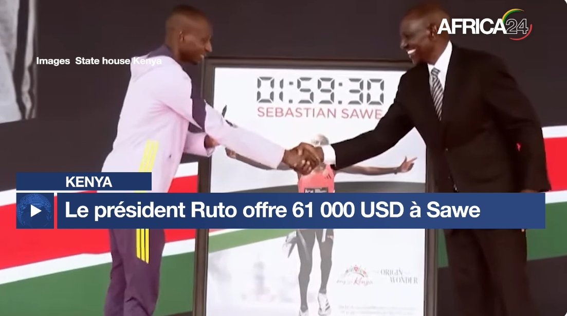 AFRICA24TV's tweet image. 🇰🇪#Kenya, Le président William Ruto a honoré à #Nairobi le coureur Sebastian Sawe après son exploit historique au Marathon de Londres, où il est devenu le premier homme à passer sous la barre des deux heures en course officielle. Le chef de l’État lui a remis une prime d’environ
