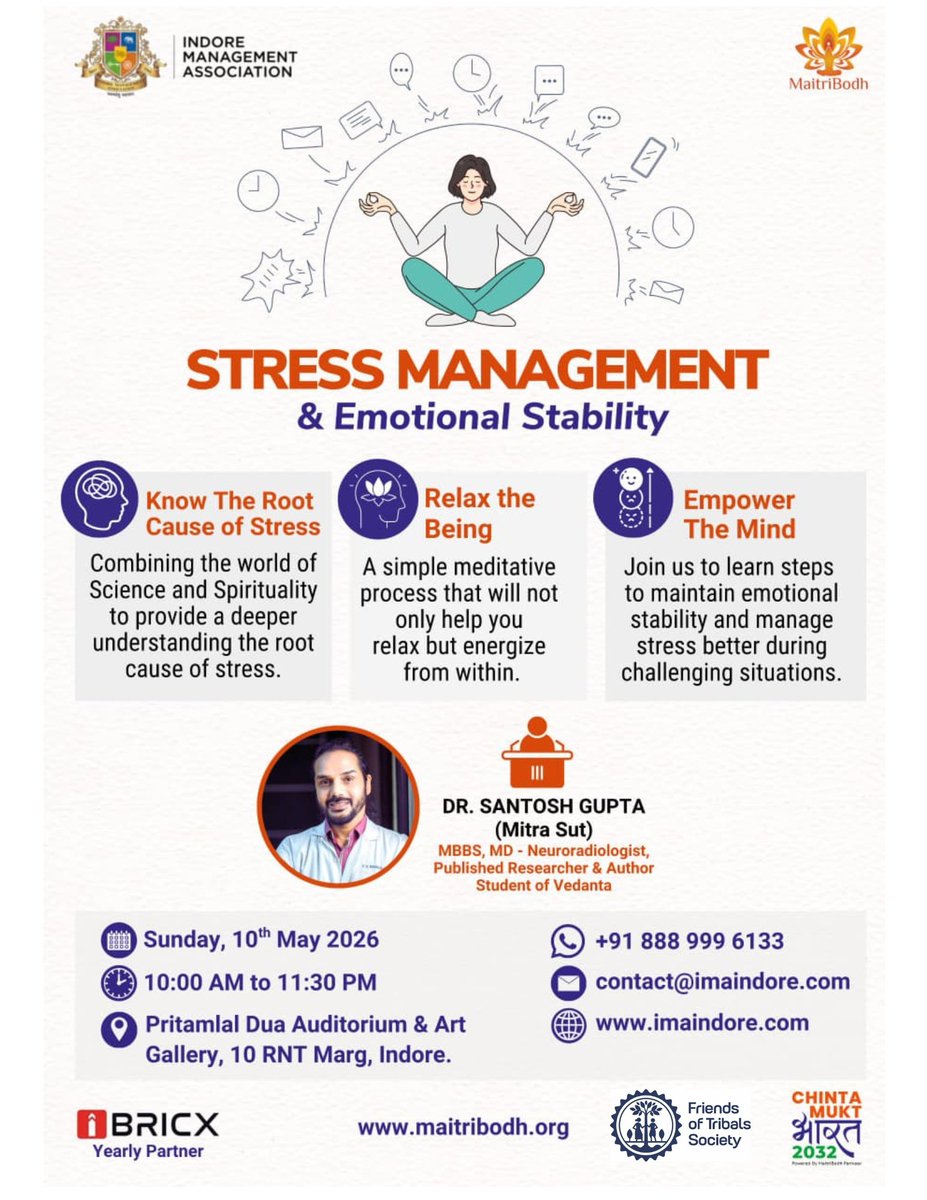 IMAIndore's tweet image. Find your calm, build your strength 🌿

Join the Stress Management &amp;amp; Emotional Stability session by Indore Management Association 🤝
Learn to understand stress, relax your mind &amp;amp; stay emotionally strong .

#StressManagement #MentalWellness #IMA #Mindfulness