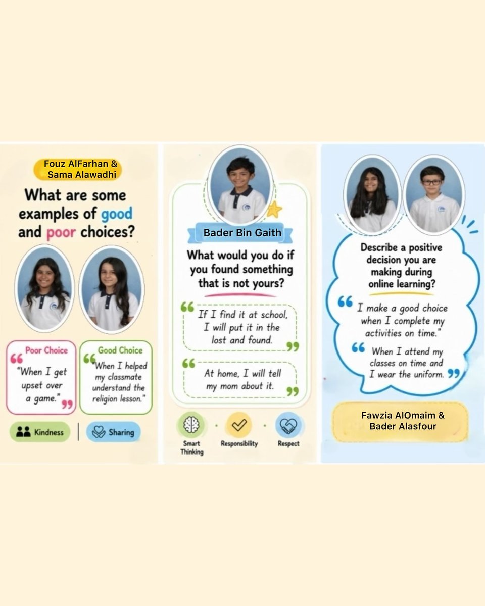 AISQ8's tweet photo. Nurturing strong minds and kind hearts through Social Emotional Learning (SEL)💙 
Student voices in action: Responsible Decision-Making 👏

#aisq8 #sel #decisionmakers #aisq8inspires https://t.co/ovyY6lXx7e