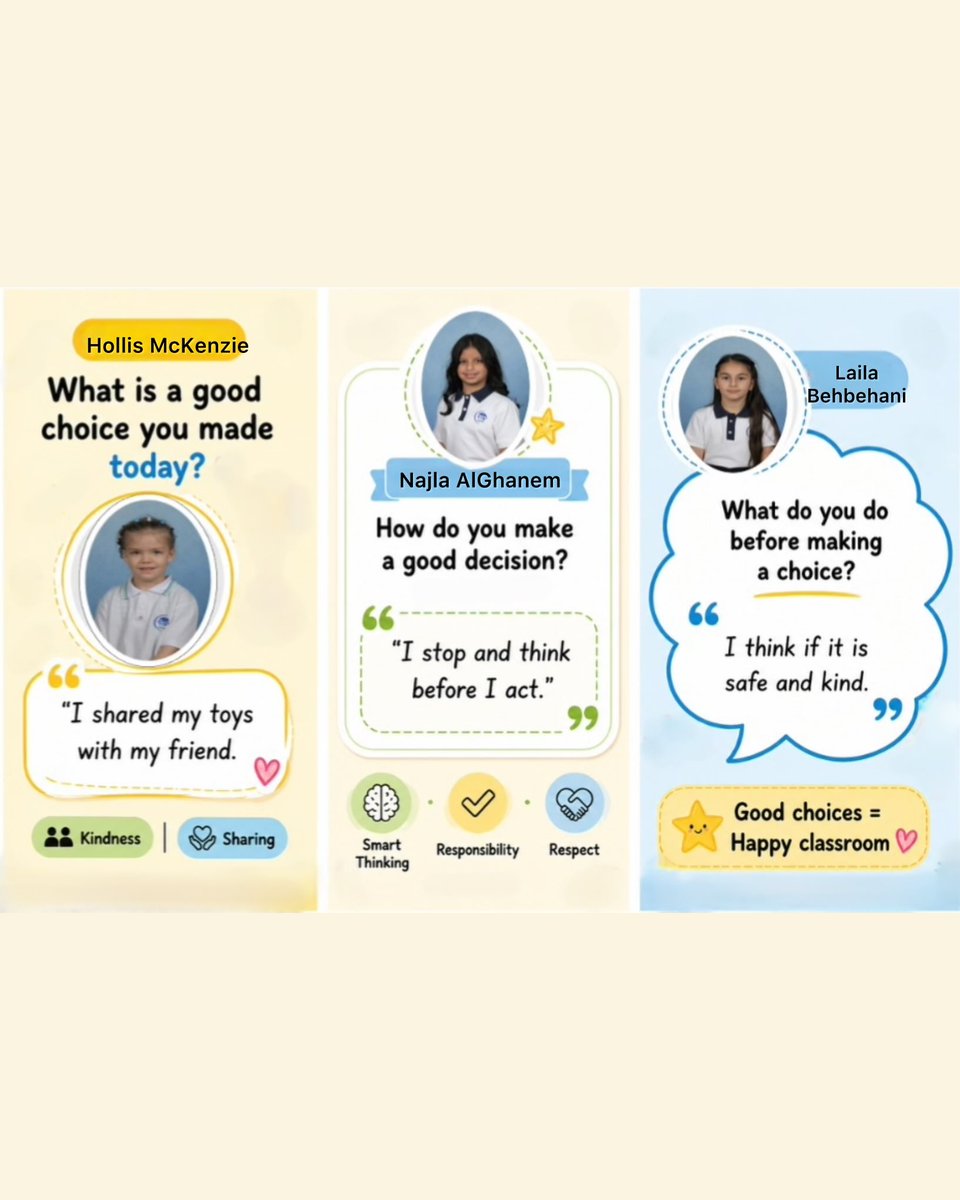 AISQ8's tweet photo. Nurturing strong minds and kind hearts through Social Emotional Learning (SEL)💙 
Student voices in action: Responsible Decision-Making 👏

#aisq8 #sel #decisionmakers #aisq8inspires https://t.co/ovyY6lXx7e