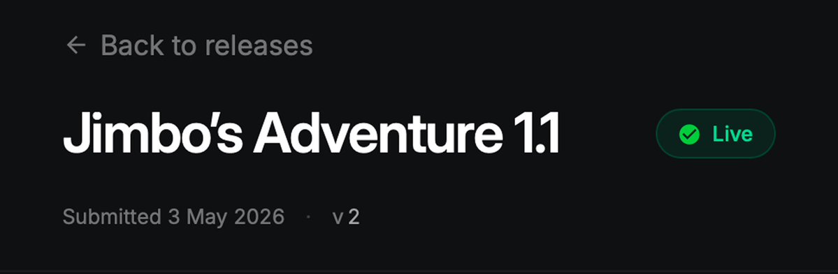The new version <a href="/JimbosAdventure/">Jimbo’s Adventure | Play on Seeker</a> v1.1 was released today on the Solana dApp Store 🚀🆕

What’s changed:
• Notifications support
 • New Profile page &amp; Settings menu
 • Sound controls
 • New badge
 
Fixed:
 • Sound issues
 • .skr domain detection
 • HP hearts spawning
 •