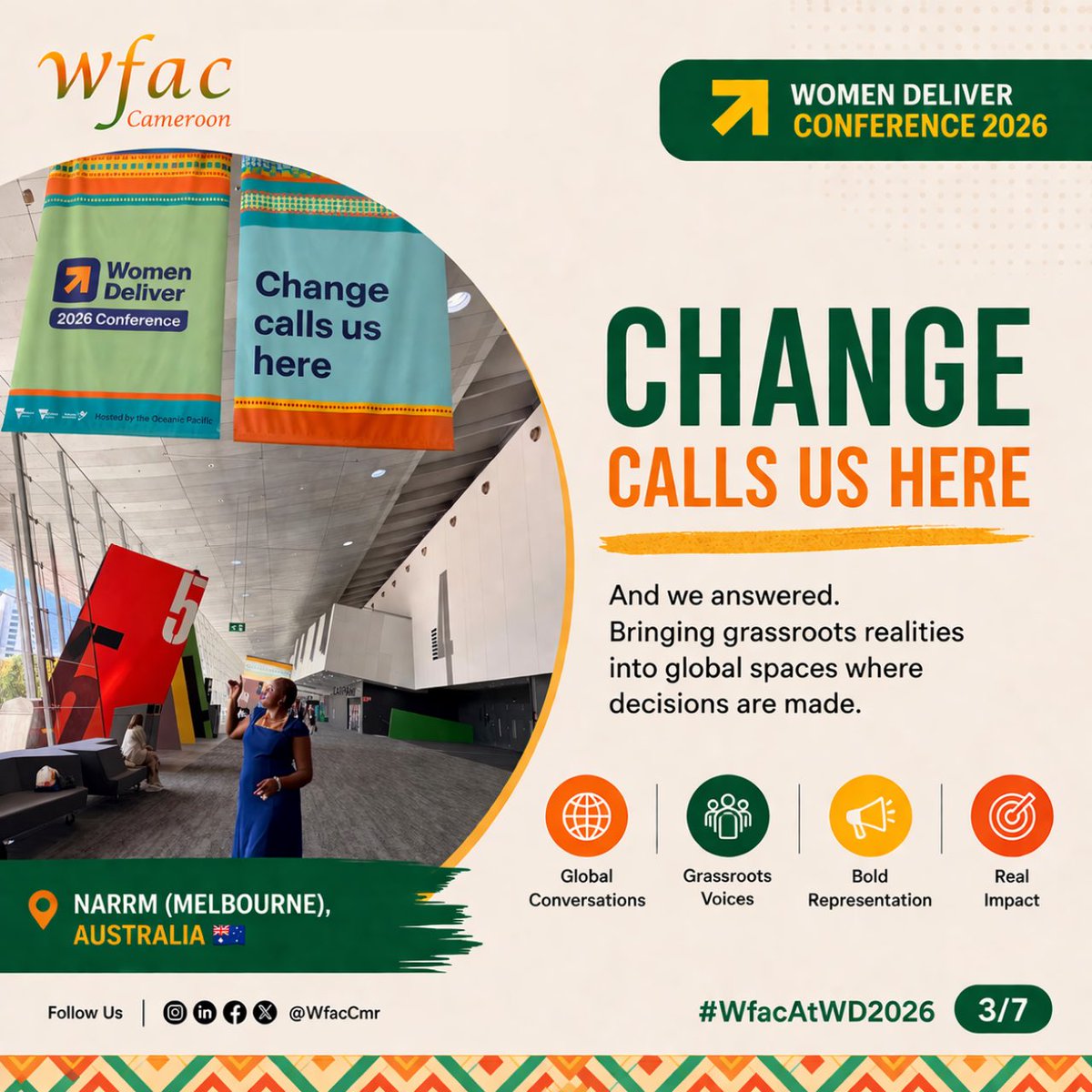WfacCmr's tweet photo. Last week, @WfacCmr was at #WD2026 🇦🇺

At @WomenDeliver, we engaged in critical conversations on feminist financing, SRHR, and climate justice, bringing grassroots realities into global spaces.

#WfacAtWD2026 https://t.co/0ooH7FaL2U