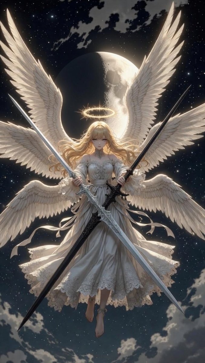 🌙 #AI月下幻想🌙 十日夜の月の守護天使 両手に対となる聖剣を構え