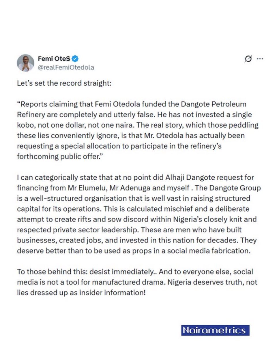 NigeriaStories's tweet photo. JUST IN: Billionaire Femi Otedola Denies Funding Dangote Refinery, Calls Reports "Completely and Utterly False" https://t.co/lv0BuT0LpL