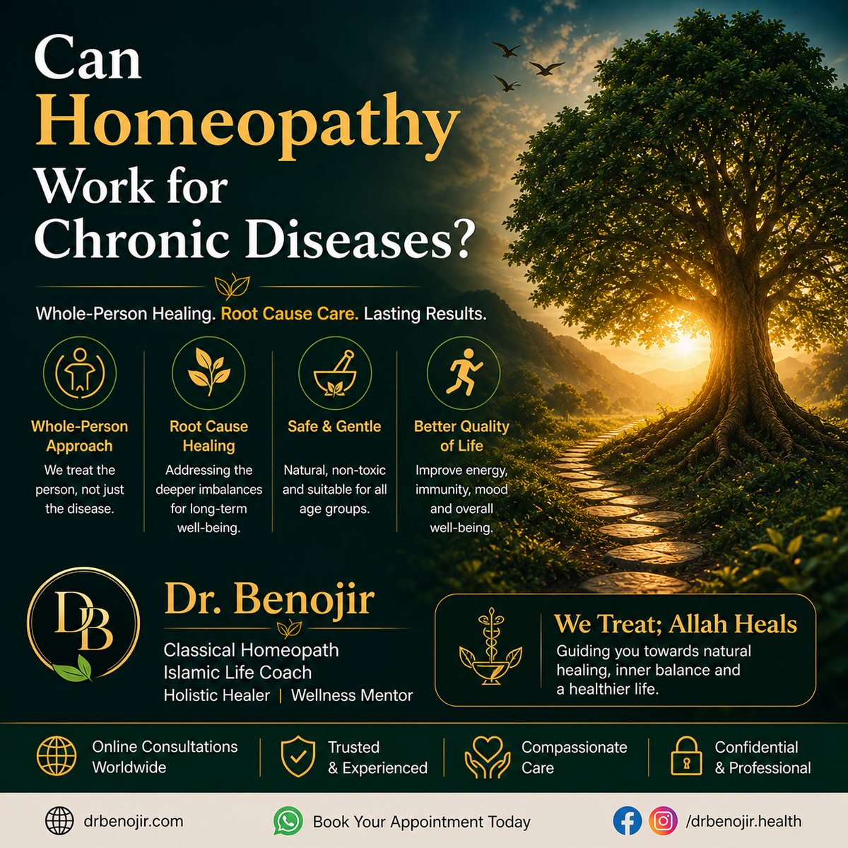 drbenojir's tweet image. Chronic diseases are often labeled “incurable,” but many reflect deeper imbalance.
Homeopathy treats the person—not just the disease.
Healing is about restoring balance, not suppressing symptoms.
We Treat; Allah Heals
#Homeopathy #ChronicDisease #HolisticHealth #Healing #Wellness