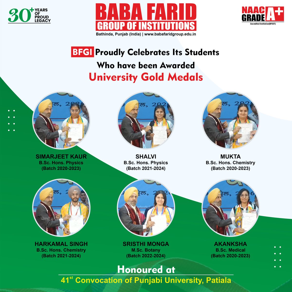 BabaFaridGroup's tweet image. Celebrating Brilliance! 
BFGI Bathinda honours its University Gold Medalists 2026  A true mark of excellence.
 Simarjeet Kaur | Shalvi | Mukta | Harkamal Singh | Sristi Monga | Akanksha

#BFGI #GoldMedalists2026 #Excellence #BFGIBathinda