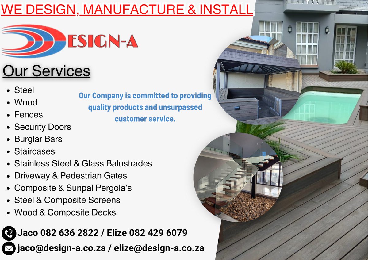 DesignAPretoria's tweet photo. We Design, Manufacture and Install - Steel, Stainless Steel &amp; Glass Balustrades, Driveway Gates, Fences, Security Doors, Burglar Bars, Decks and much more... https://t.co/C0lOD4gSRo