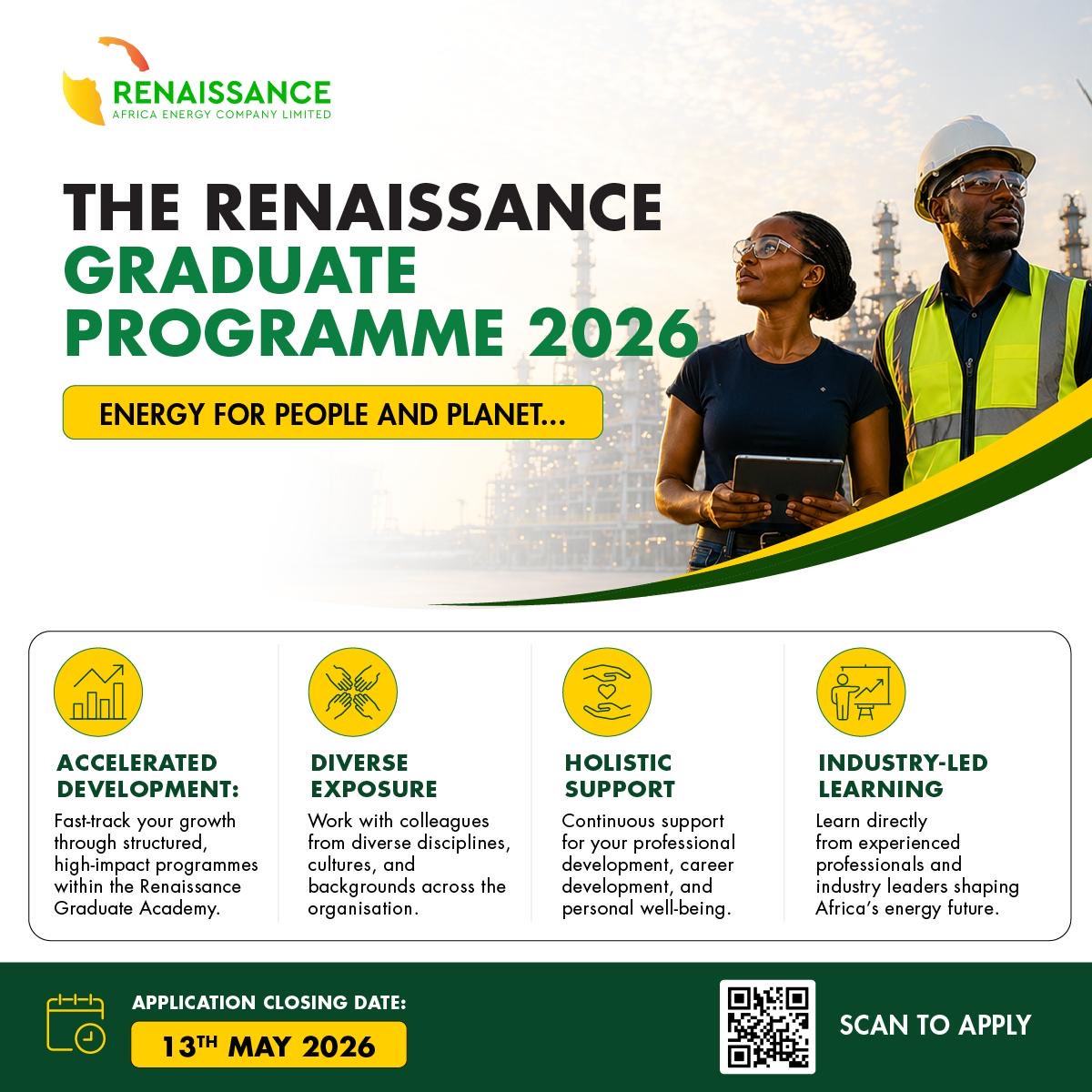 Renaissance_Afr's tweet photo. Ready to launch your career and shape the future of energy?

The Renaissance Graduate Programme 2026 is your chance to gain real industry experience, fast-track your growth, and work with experts powering Africa’s future.

Apply now: https://t.co/DyXrCT2Fn9
Deadline: 13 May 2026

#RenaissanceAfricaEnergy #GraduateProgramme2026 #EnergyForPeopleAndPlanet #CareersInEnergy #ApplyNow