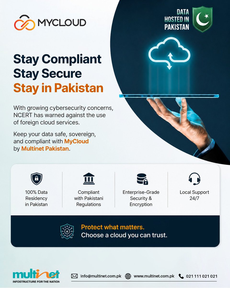 OfficialMPPL's tweet photo. Pakistan’s digital future demands security, control, and resilience.

The National Cyber Emergency Response Team (NCERT) has issued a Cybersecurity advisory highlighting the growing risks associated with reliance on foreign cloud platforms, especially across critical sectors. https://t.co/alWAlSQPGK